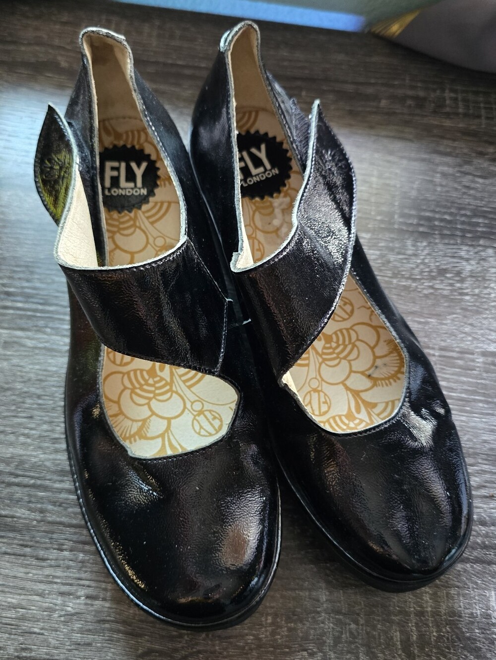 Fly London Yasi Black Patent Leather Wedge Mary Jane Shoe